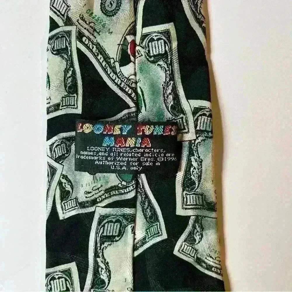 1996 Looney Tunes Mania $100 Bills Looney Tunes Characters Silk Tie Necktie - Picture 4 of 6